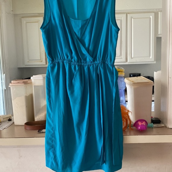 Dress teal cutsy v neck no sleeve belt tie on corner - Picture 4 of 8
